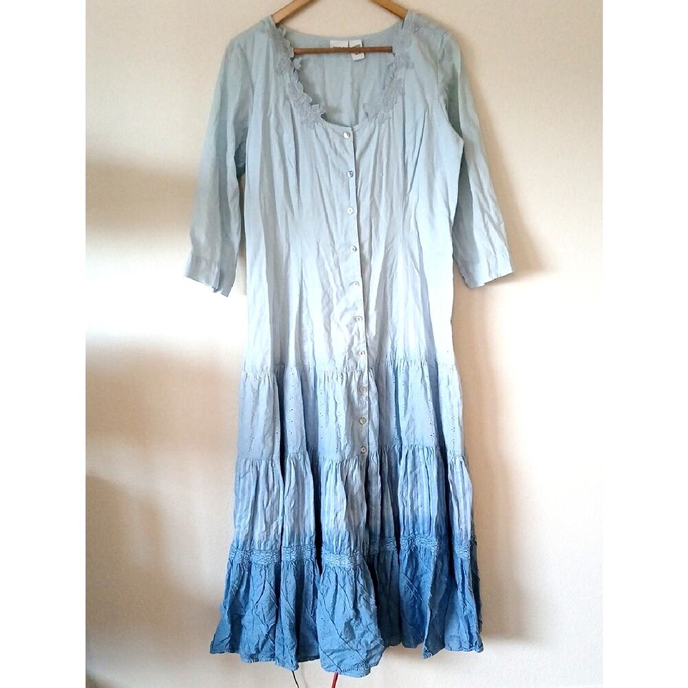 Vintage Together Blue Hombre Button Up Tiered Prairie Dress 90s